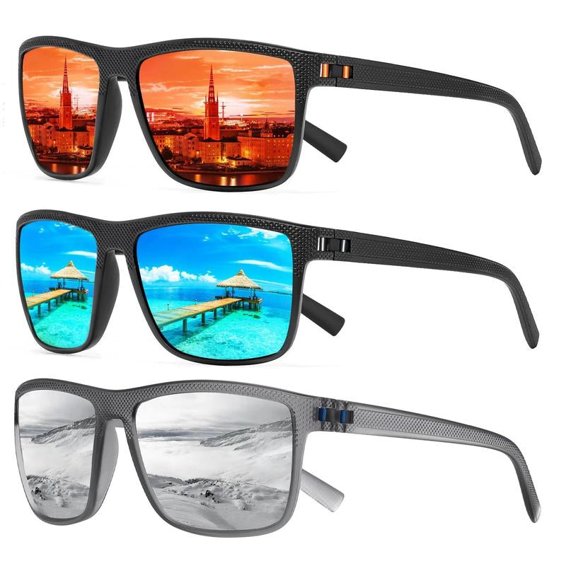 TURBOPEP Full Options 3 Pairs HD Polarized Sunglasses 3 Pairs Unisex Square Frame UV Protection Lightweight Travel Accessories with Adjustable Hinges & Anti-Slip Nosepiece Fashionable,Valentine Gifts